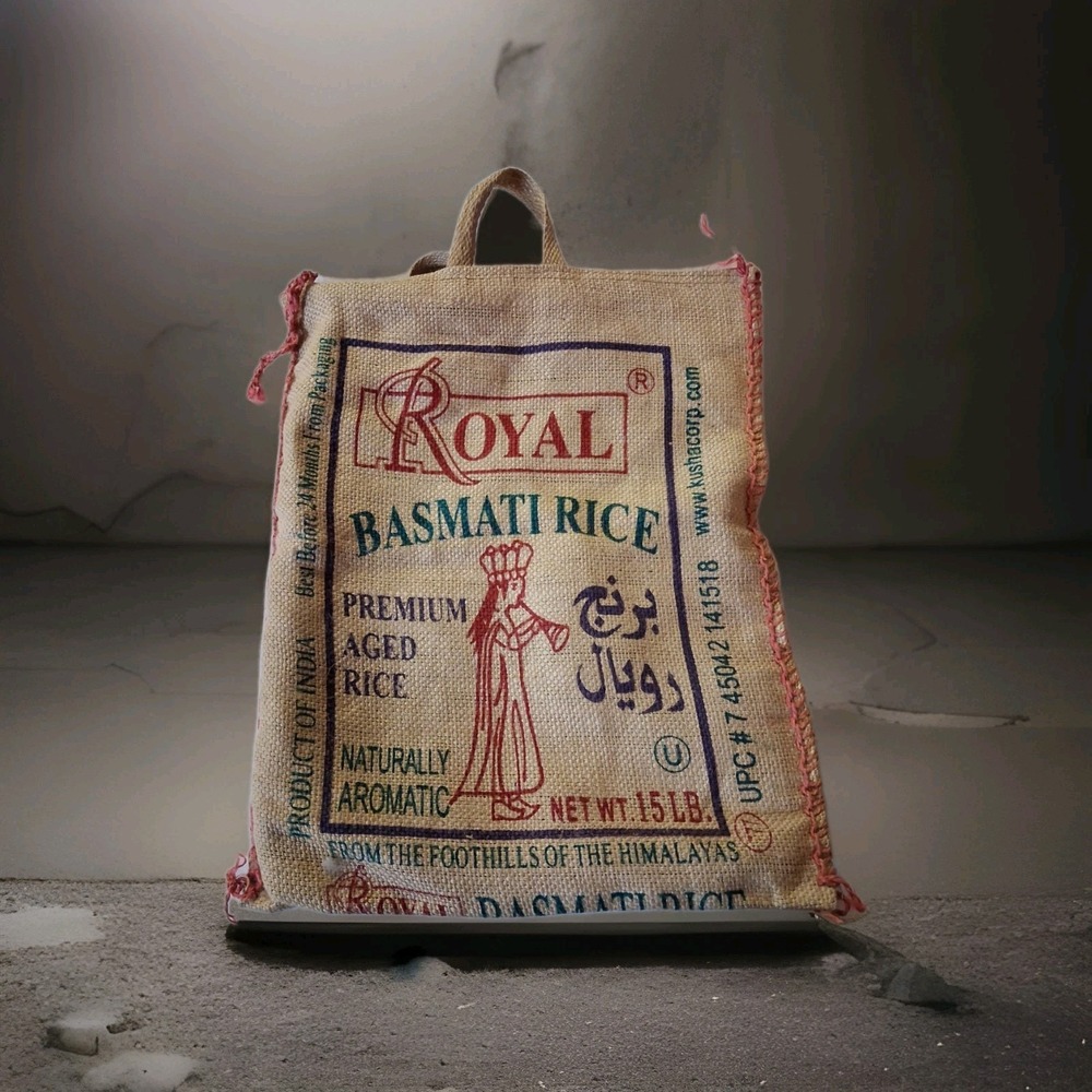 Royal Basmati Rice burlap zip top bag sack with handle